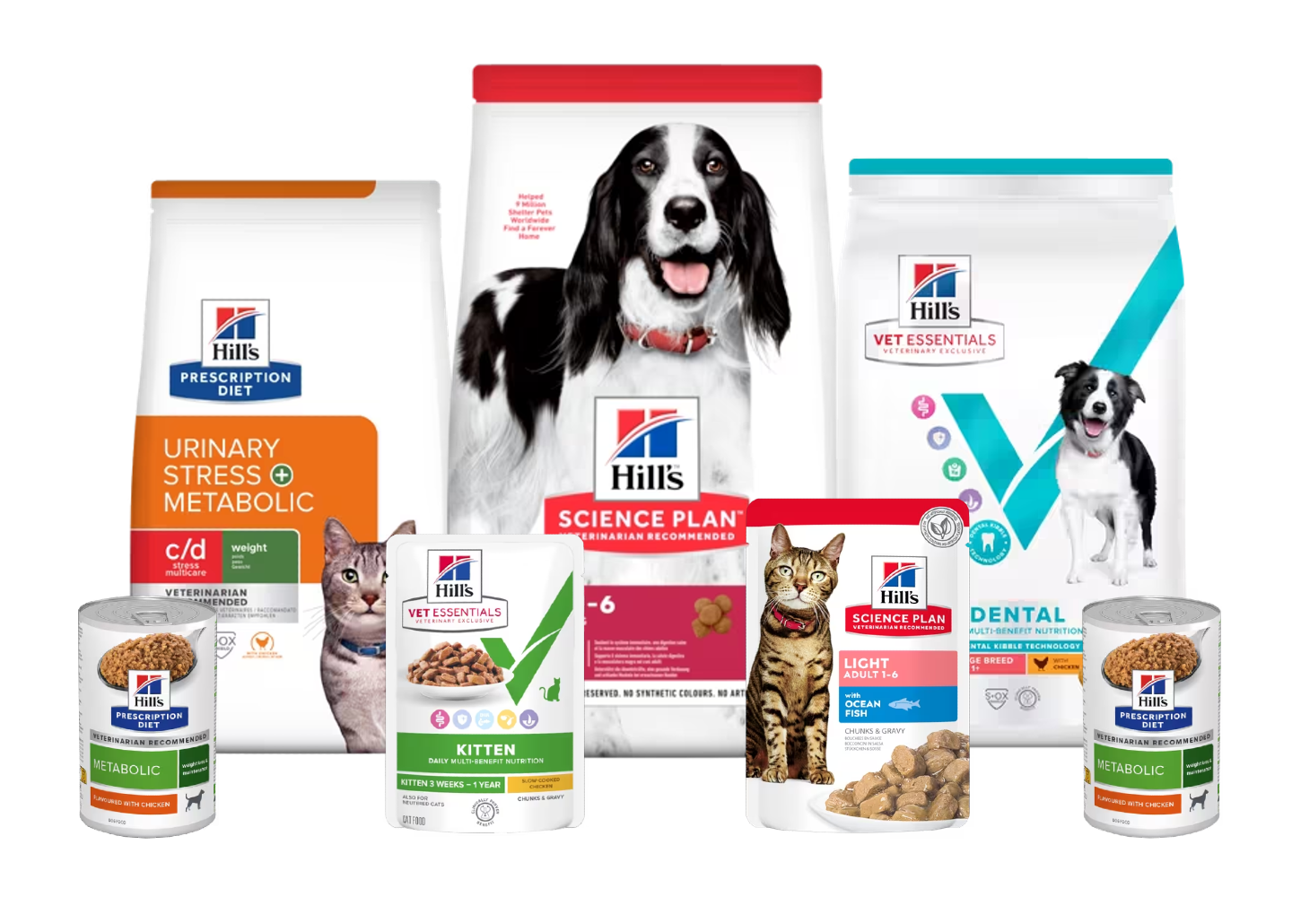 Grupa produktów Hill's, w tym karma sucha, karma mokra i smakołyki. 